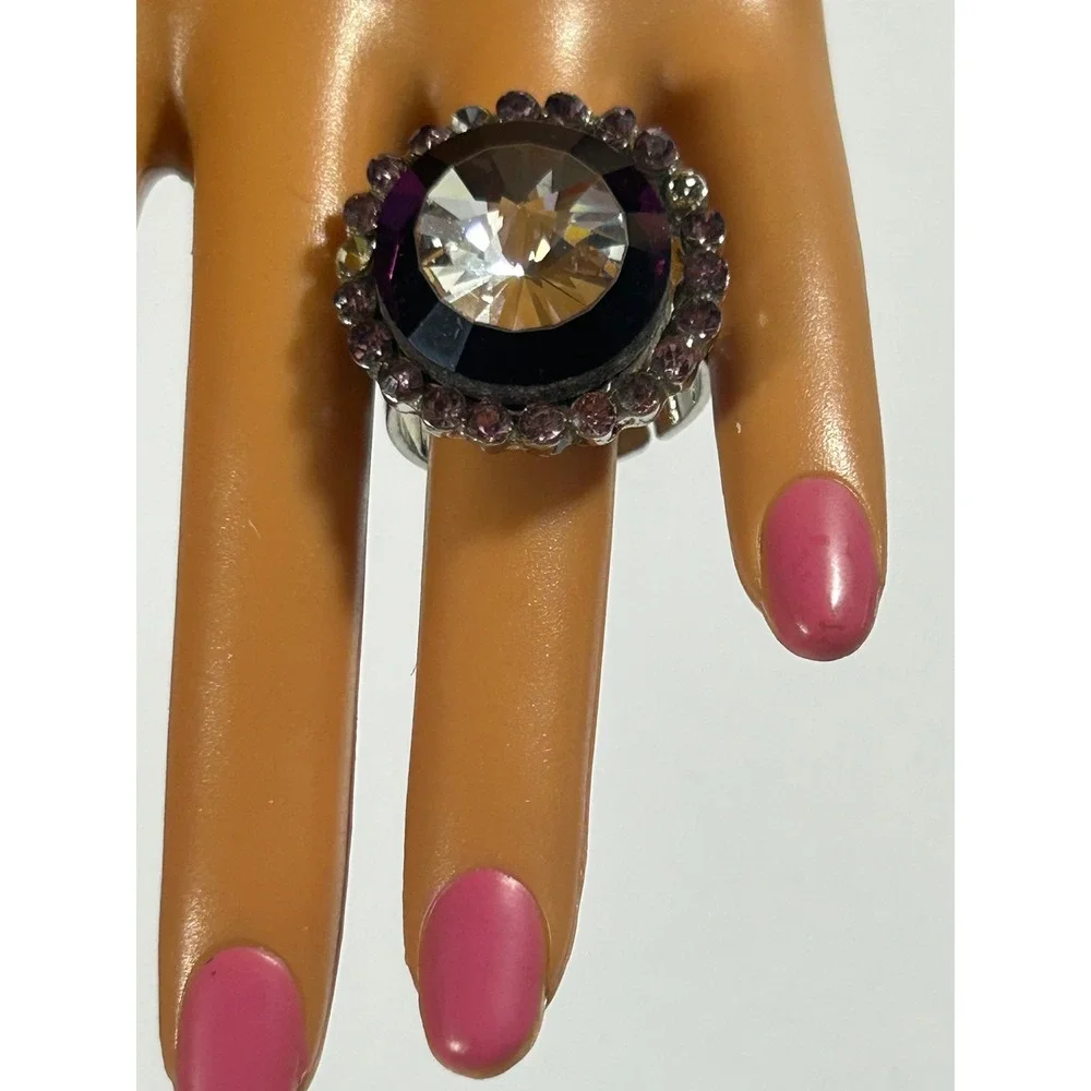 Vintage Y2K Glam Purple Rhinestone Cocktail Ring Adjustable Silver Tone Goth‎
